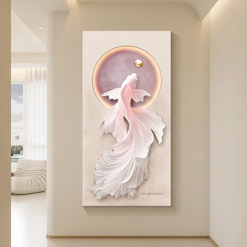 Decorative painting at the end of the corridor mural high sense three-dimensional relief sandstone painting koi hanging picture