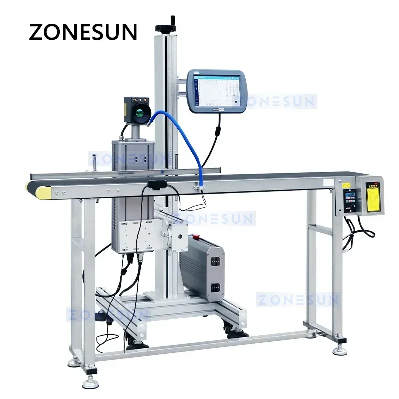 ZONESUN ZS-LMC1 Flying CO2 Laser Marking Machine Online Date Code Printer Barcode QR Coder for PET Bottle PVC Tube Box Package