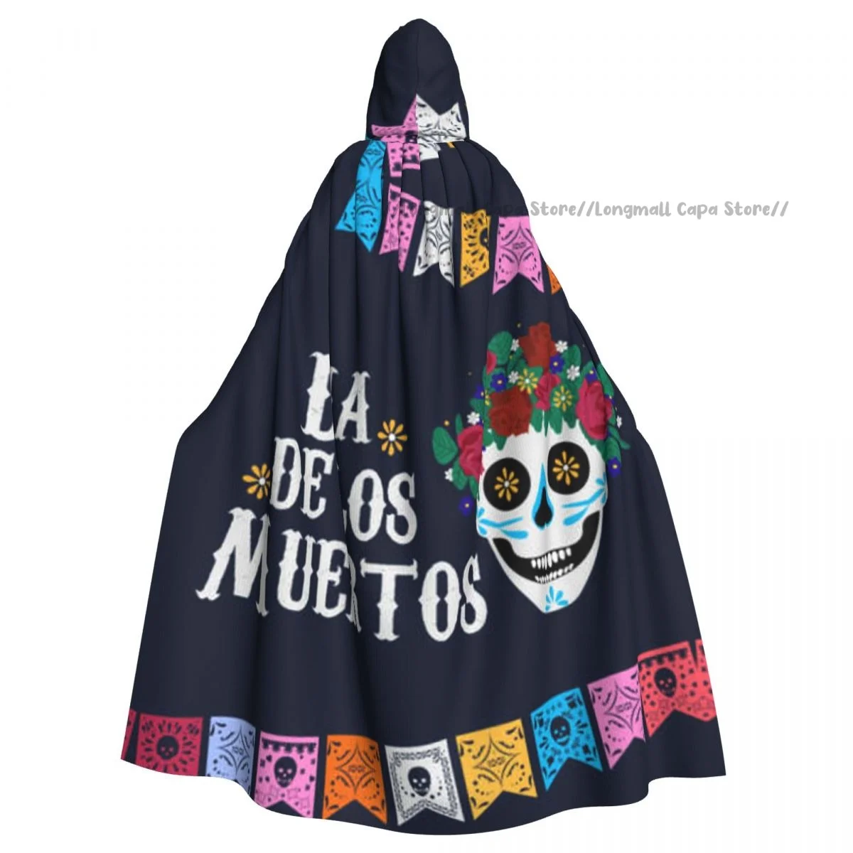 Adult Halloween Day Of The Dead Skulls And Flags Cloak Cape Hooded Medieval Costume Full Length Dress Coat