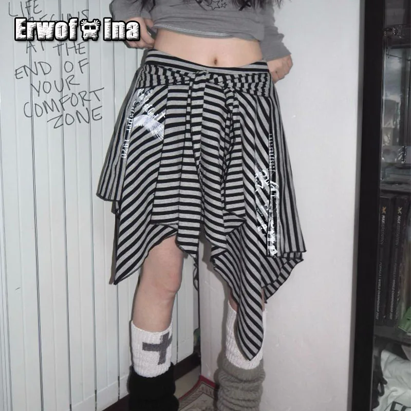 Erwofeina Gothic Striped Two Wears Women's Skirt Asymmetrical Lace Up Vintage 2025 Summer High Waist Mini Skirts For Women Y2k