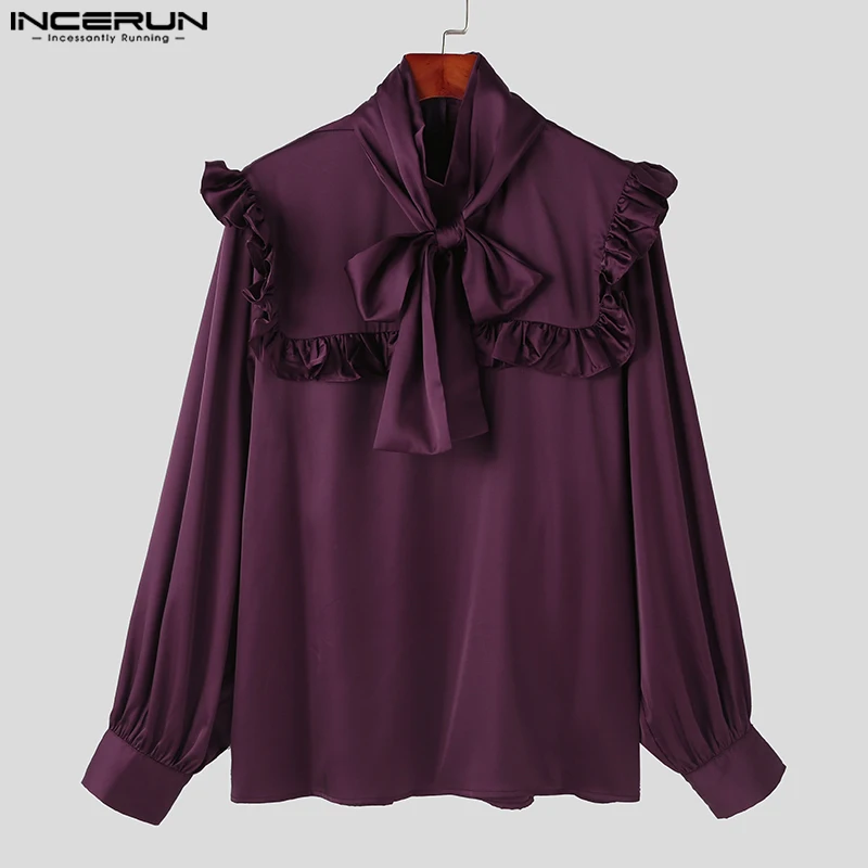 INCERUN Men Shirt Solid Satin Turtleneck Long Sleeve Ruffle Lace Up Casual Men Clothing Streetwear 2023 Fashion Unisex Shirts