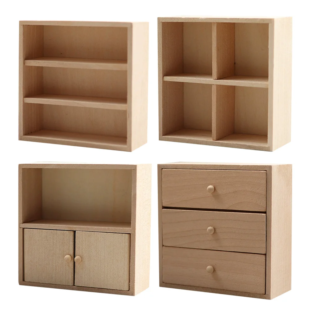 

4Pcs Miniature Furniture Set Solid Wood DIY Cabinets Unpainted Realistic Tiny House Mini Bookcase Living Room Bedroom Kitchen
