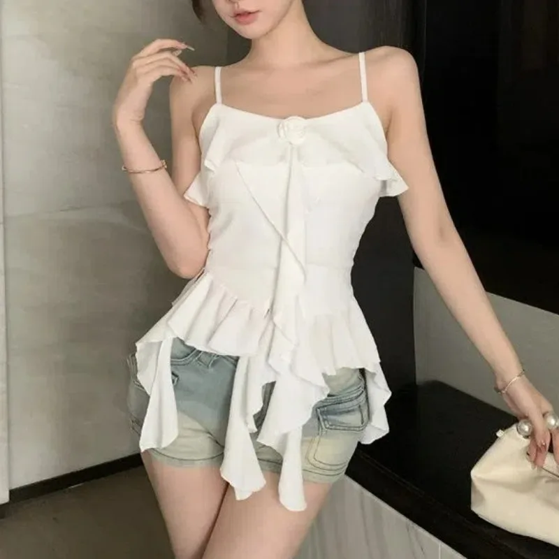 المرأة الصيف ثلاثية الأبعاد زهرة الكشكشة غير المتكافئة القمم مثير السباغيتي حزام سترة دون أكمام الصلبة الحلو شيك سليم الجنية بروتيل