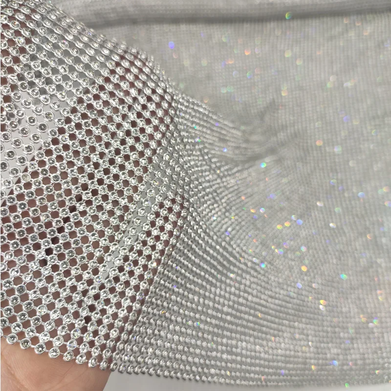 45*120 cm Silver Rhinestone metal mesh fabric Crystal metallic Sequin Beaded cloth Sheet Aluminum for Women Party Club Dress