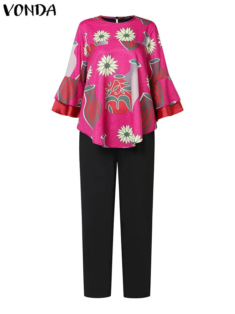 Vonda Plus Size 5XL Women Bohemian Pant Sets 2024 Floral Printed Flare Sleeve Casual Vintage Tops and Long Pants Loose Sets 2PCS