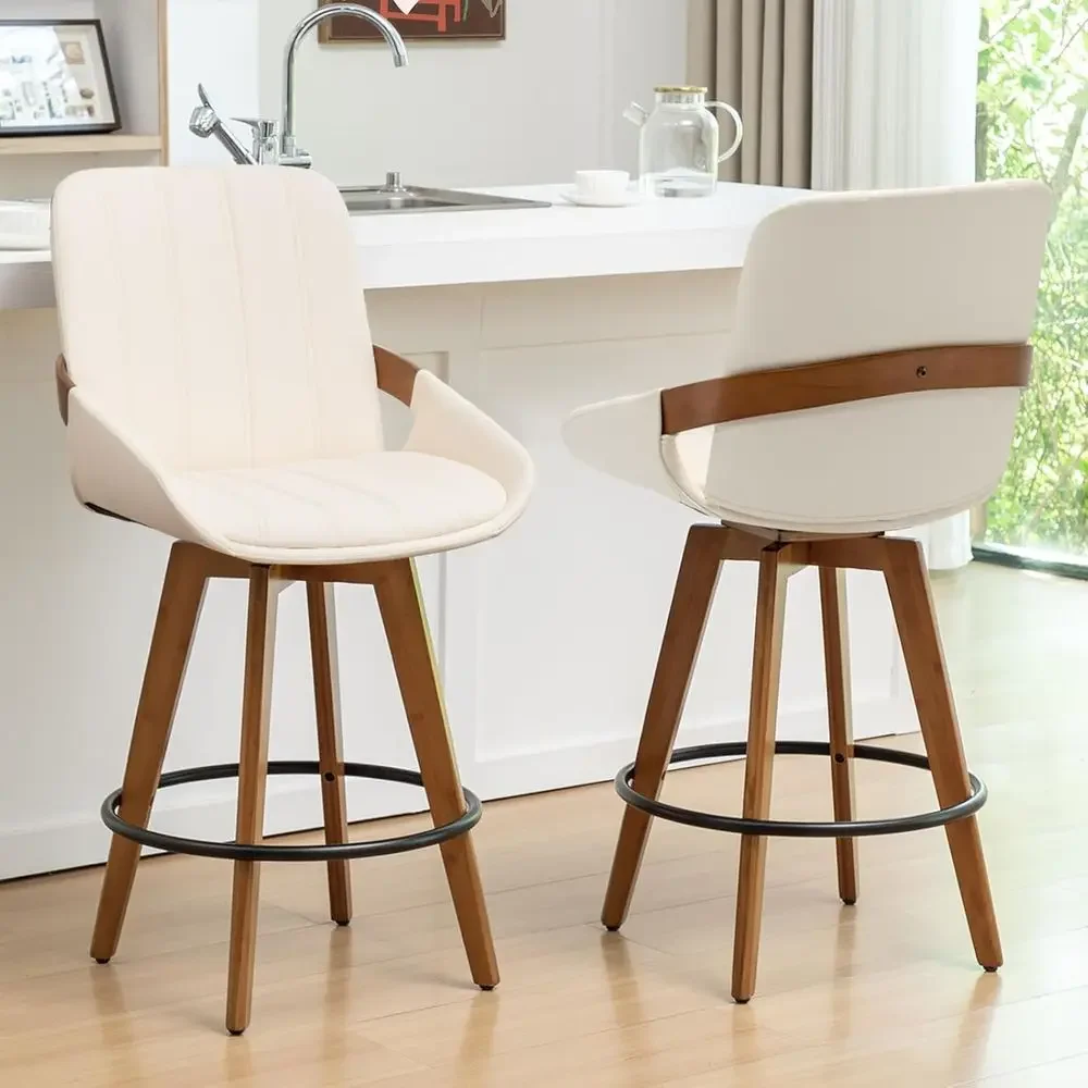

Set of 2, 29.5 High Swivel Bar Stools with Walnut Frame and Beige Leather Upholstery for Island/Counter