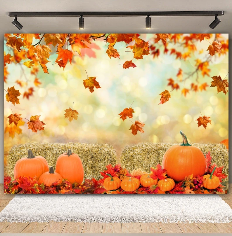 Autumn Fallen Leaves Sunshine Backdrop for Photography Fall Farm Harvest Pumpkin Sunflower Baby Portrait Background Photo Studio