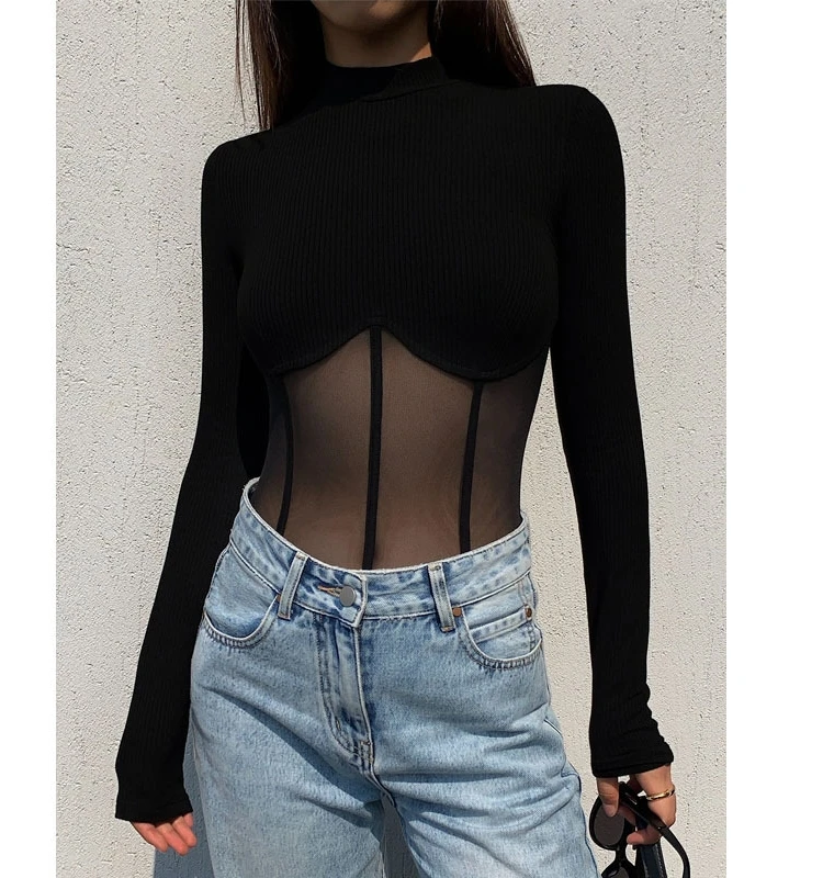 

Me Spliced Long Sve T-irt Street Sle Pure Color Tight Fit T-irt with High Ne for Young Women in Summer