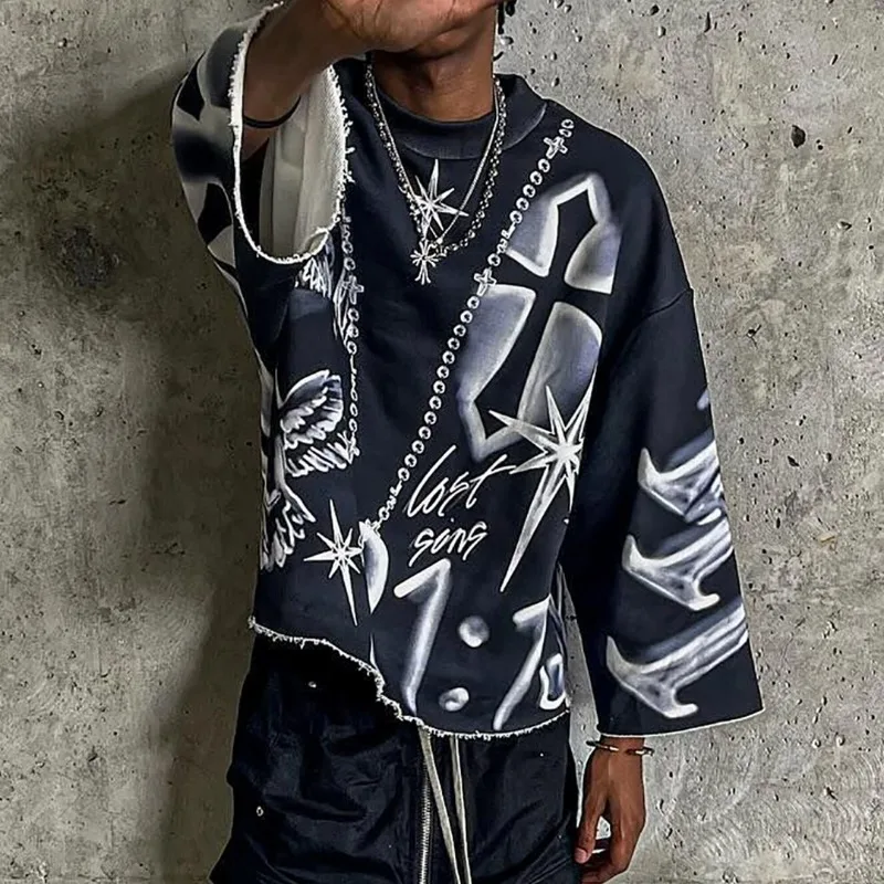 New American retro top street hip-hop oversized printed long sleeve men Y2k Harajuku fashion casual loose couple sweatshirt