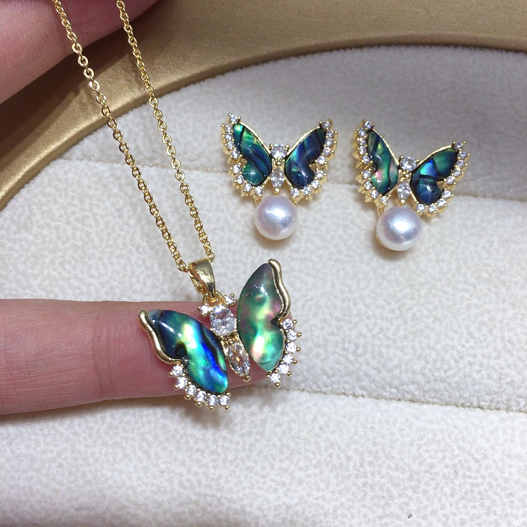

ZHBORUINI Natural Freshwater Pearl Earrings Abalone Shells Butterfly Inlay Zircon Design Pendant Set Banquet Jewelry For Women