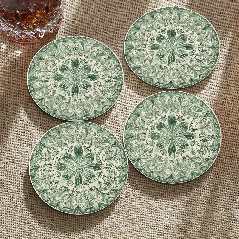 2D Plane Wooden Coasters Light Green White Floral Pattern Wood Durable Hand Washable Elegant Kitchen Dining Room Decor Gift