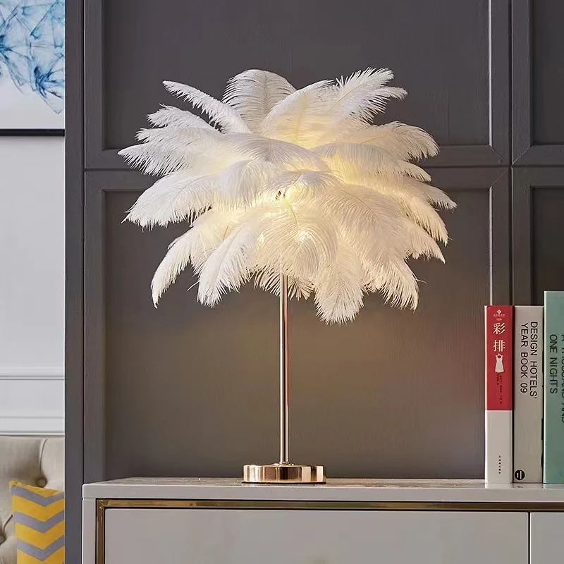 Modern Nordic Feather Tree Bedside Lamp, Avestruz Feather Table Light, lâmpada de mesa romântica para casamento, rosa e branco