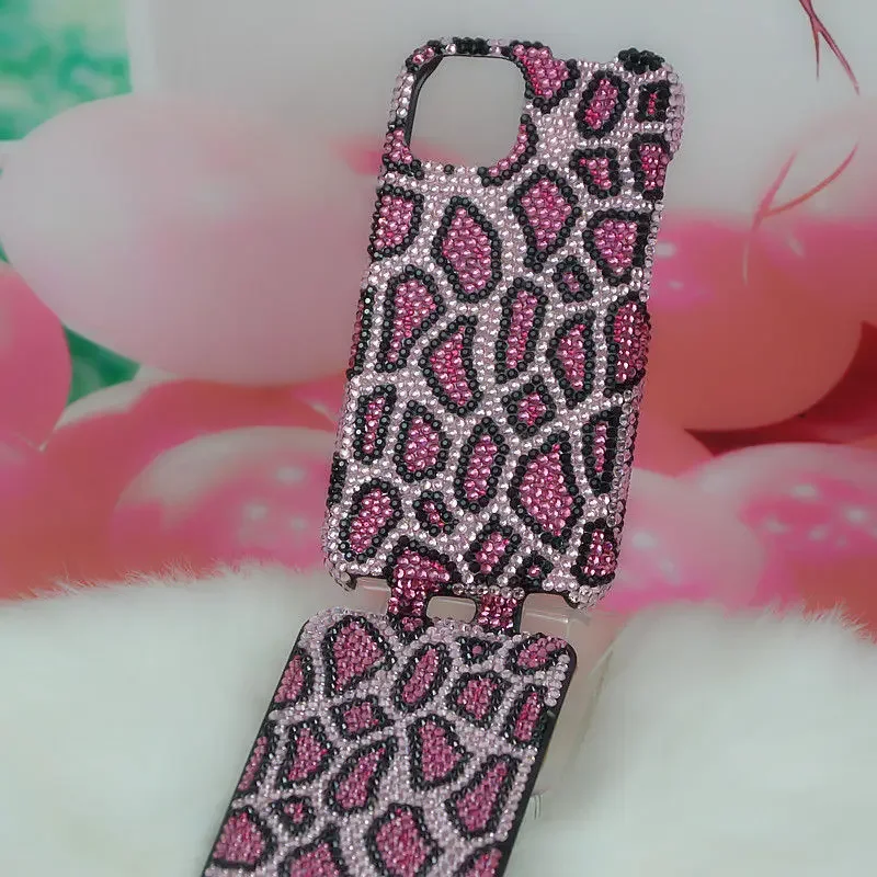 Diamond Inlaid Rose Red Leopard Print Flip Phone Protective Case for iPhone 15 Pro Max 14 Pro 13 12 11 Xsmax Xr Anti Drop Shell