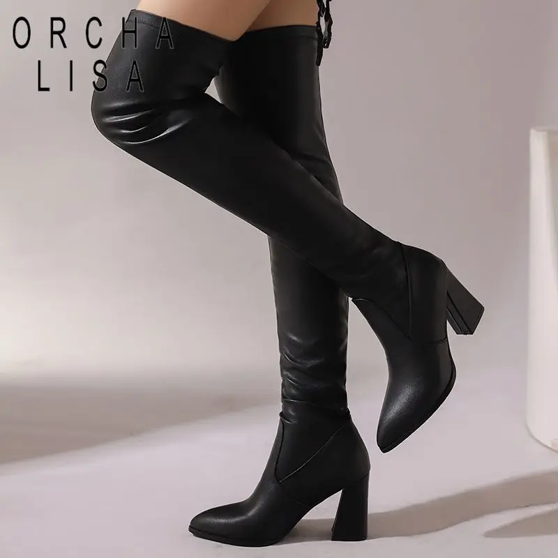 

ASILETO 2025 Горячие женские сапоги выше колена с острым носком на блочном каблуке 8,5 см Легко оверсайз 46 47 48 49 50 Эластичный бедро Bota