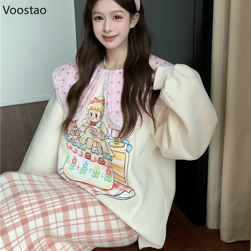 Cute Lolita Hoodies Women Sweet Peter Pan Collar Cartoon Print Sweatshirt Streetwear Y2k Pullover Tops Harajuku Moletom Feminino