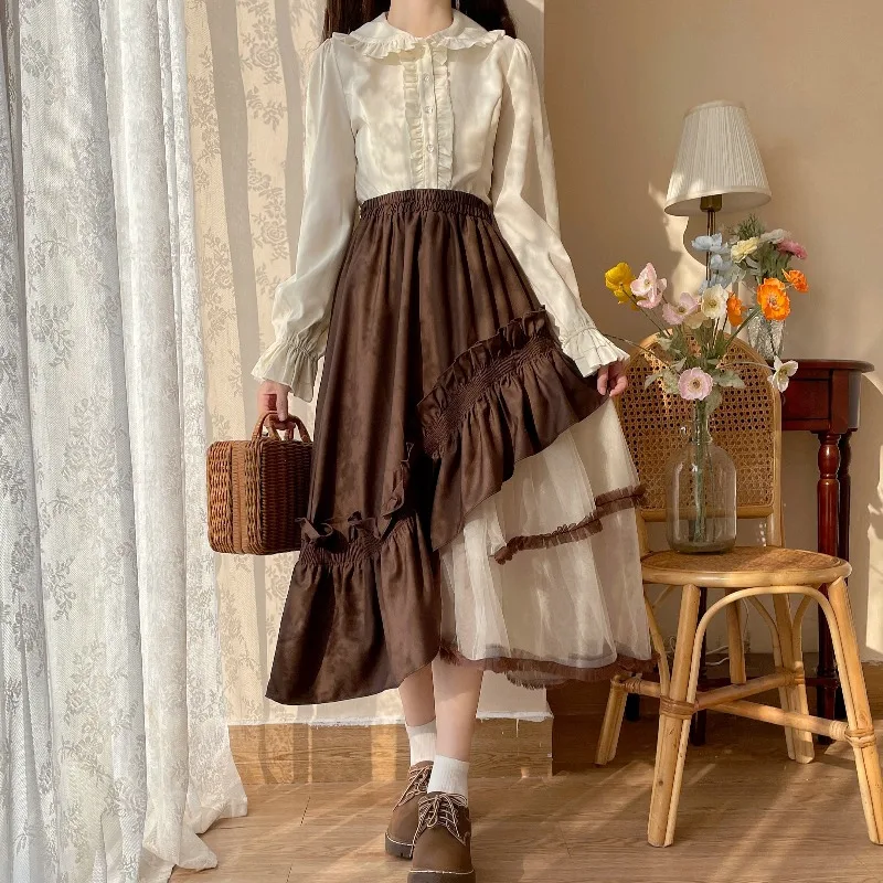 Japanese Vintage Lolita Skirts Women Irregularity Mesh Patchwork Ruffles High Waist Long Tutu Skirt Korean Casual Female Vestido