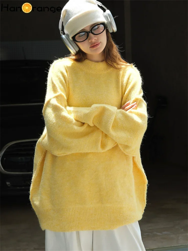 

HanOrange 2024 Autumn Winter Lazy Pullover Wool Sweater Women Loose Silhouette Warm Comfortable Knitting Top Yellow/Blue