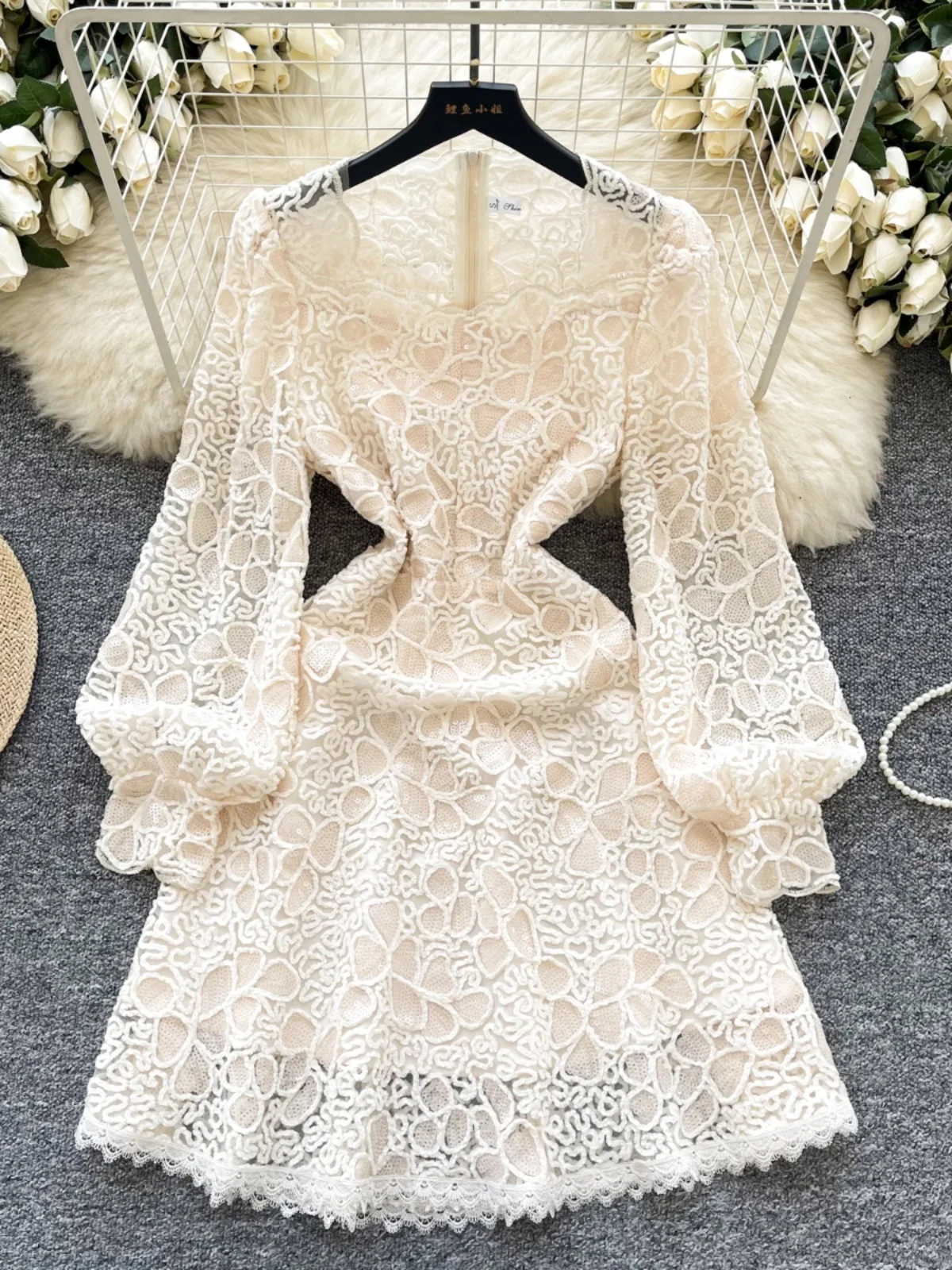 Elegant Embroidery Lace Sequin Dresses Women Spring Summer Holiday Long Full Sleeve Evening Party Vestidos Beige Mini Short Robe