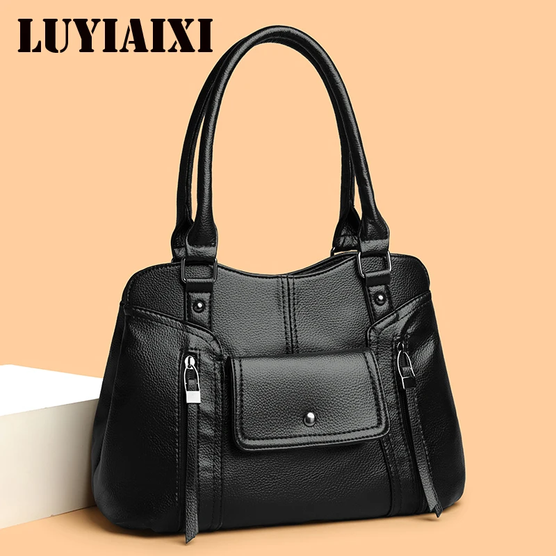 Women's Vintage High Quality Tote Bag Large Capacity Multi-Pocket Daily Commute PU Leather Shoulder Crossbody Bag Luxury Handbag