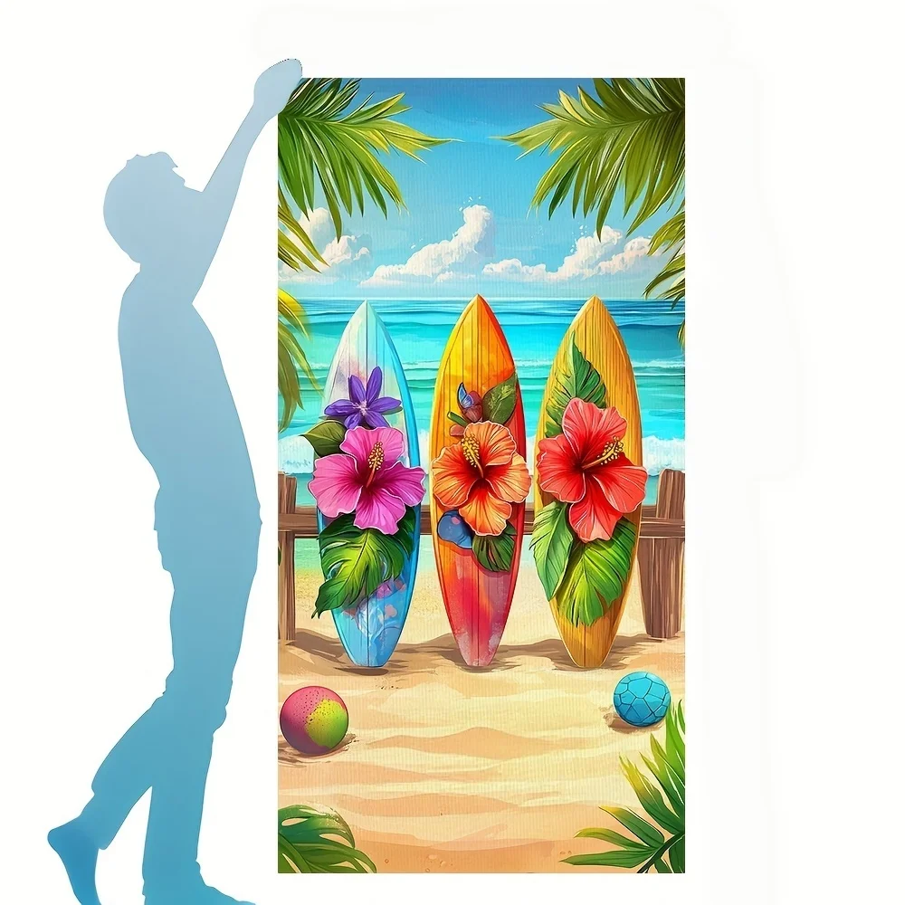 Vivid Coastal Surfboard Tropical Hibiscus Palm Beach Art Print Super Absorbent Outdoor Pool Towel