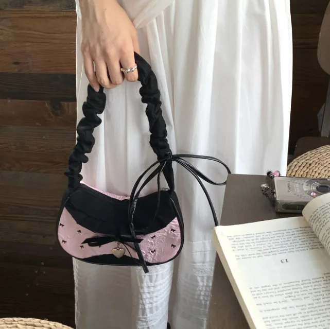 Fashion Grid Women Bag Lace Ribbon Stretchable Shoulder Strap Single Shoulder Underarm Bag Daily Commuting Student Handbag