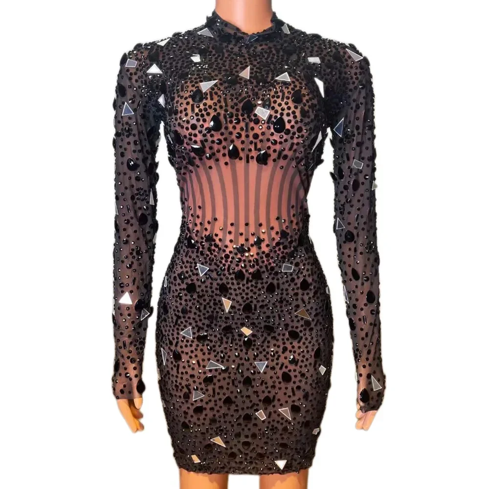 

Black Shining Rhinestones Mirror Sequins Long Sleeves Sexy Sheath Dress For Women Nightclub Party Clothing Singer Stage Costumes