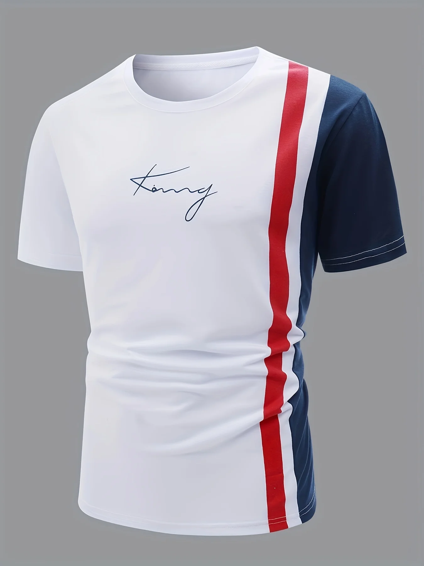 Men's Contrasting Color Blocked Short Sleeved t-Shirt With Round Neck Casual Printed Top, Trendy Half Sleeve