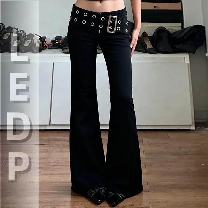 IMU Streetwear Cyber Punk Flare Pants Women Mall Gothic Harajuku Emo Alternative Grunge Eyelet Belt Patchwork Trousers Femme