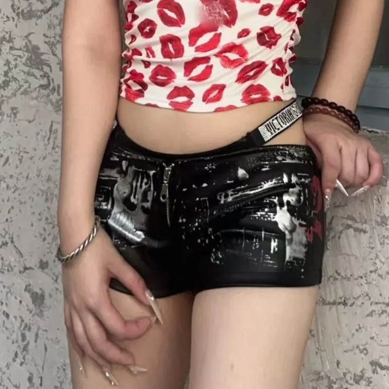 

Ретро принт Y2k шорты женские серебряные сексуальные с низкой талией из искусственной кожи супер шорты шорты
