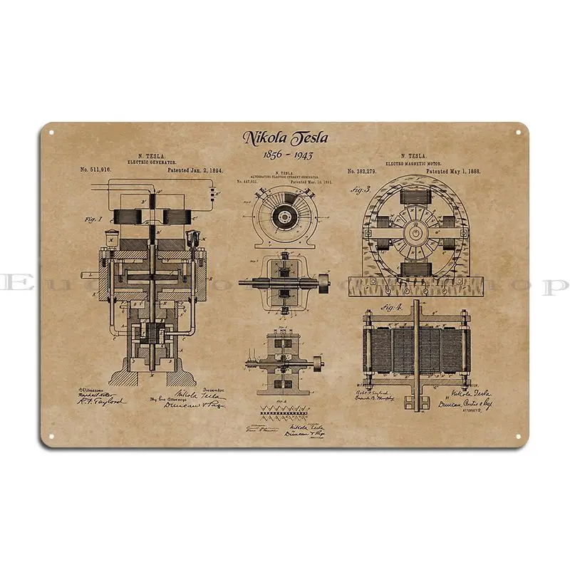 Nikola Tesla Electric Generator Inventions Patent Blueprints Metal Sign Plaques Living Room Custom Tin Sign Poster