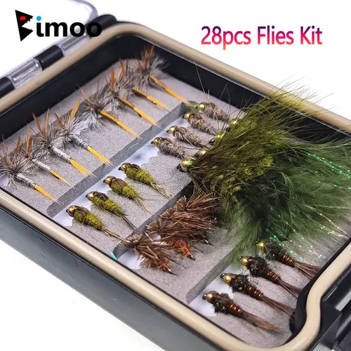 28 Uds Kit de moscas con caja impermeable Adams mosca seca oreja de liebre ninfa pelo de alce Caddis' mosca lanosa Bugger Streamer trucha Señuelos de pesca