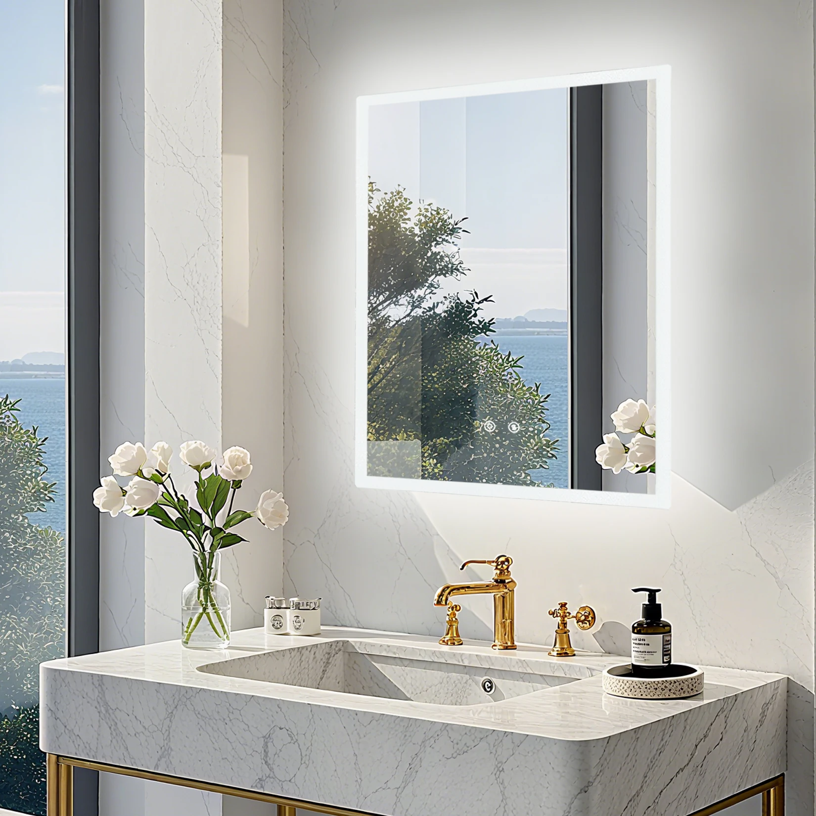 LUVODI Illuminated Bathroom Makeup Mirror,Modern Wall Mounted Bathroom Vanity Mirror Lighted Makeup Mirror with Three Colors Temperature,Fogless,Waterproof IP44
