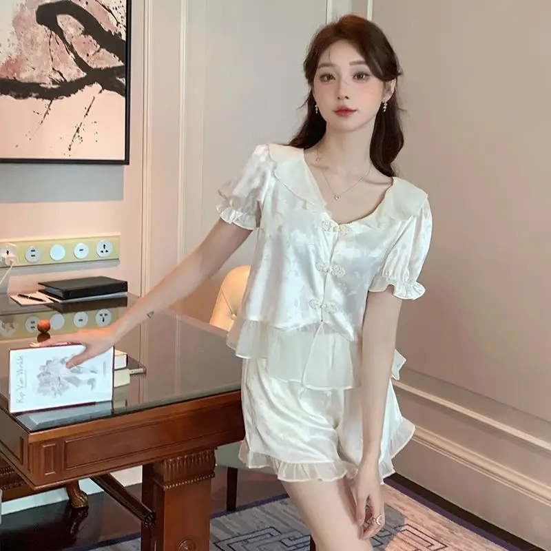 

Woman Pajamas Suit Spring Summer Ice Silk New Style Lady Short Sleeve Shorts Sleepwear Suit Can Be Worn Outside Lounge Clothes