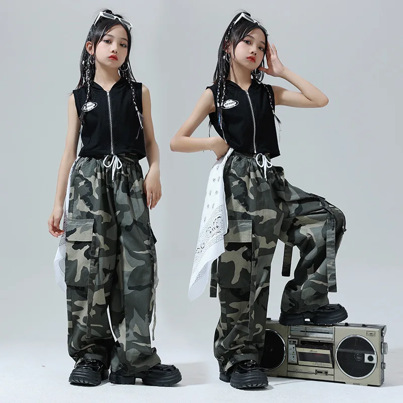 Girls Hip Hop Sets Crop Tank Hoodies Camouflage Cargo Pants Children Street Dance Kids Streetwear Jazz Hooded Clothes