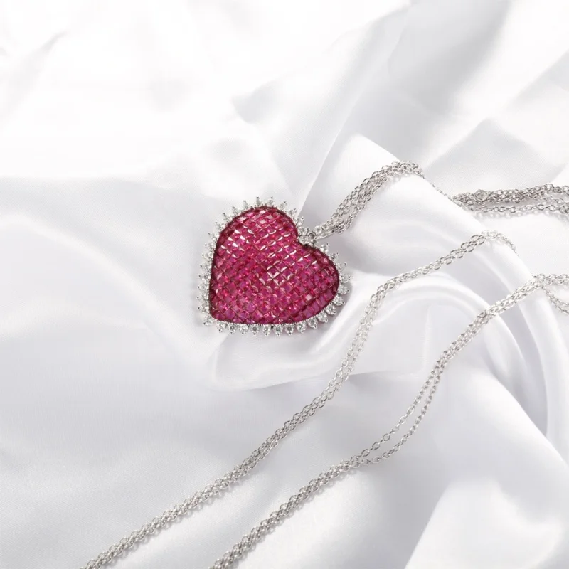 Double Chain Red Heart Shape Sterling Silver Necklace 18k Gold Plated Ruby CZ Diamond Necklace Women Wholesale Jewelry image 3