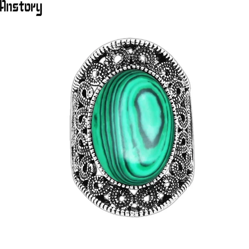 Oval Malachite Rings For Women Flower Desing Vintage Look Antique Silver Plated Fashion Jewelry TR666