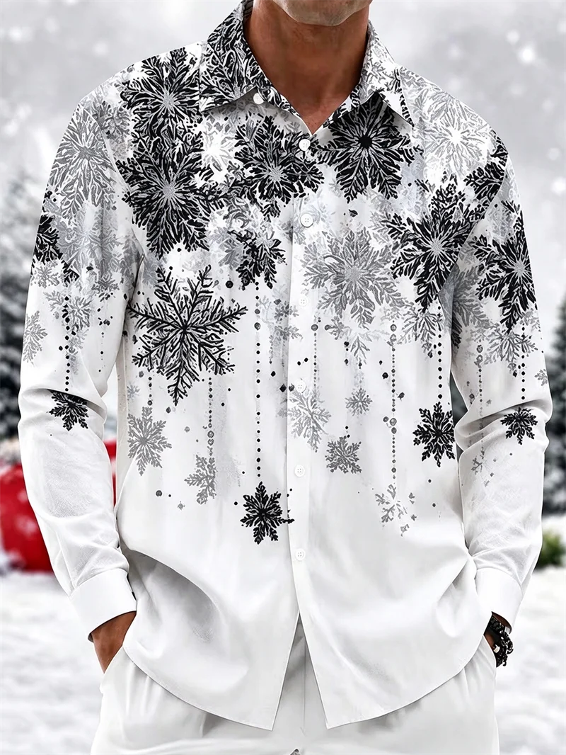 New white background Christmas holly red fruit men's long sleeved shirt snowflake holiday casual printed shirt