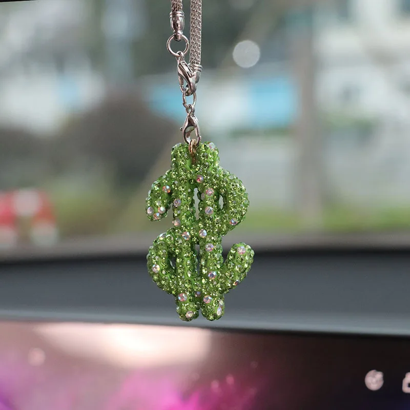 Diamond-Encrusted Dollar Sign Car Rearview Mirror Hanging Ornament – Bling Rhinestone Pendant Charm for Car Interior Decoration