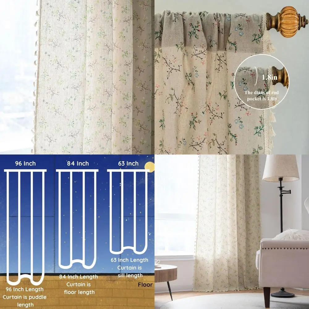 

Cotton Linen Blend Semi-Blackout Curtains 96 Long with Tassel, Bohemian Style for Living Room & Bedroom