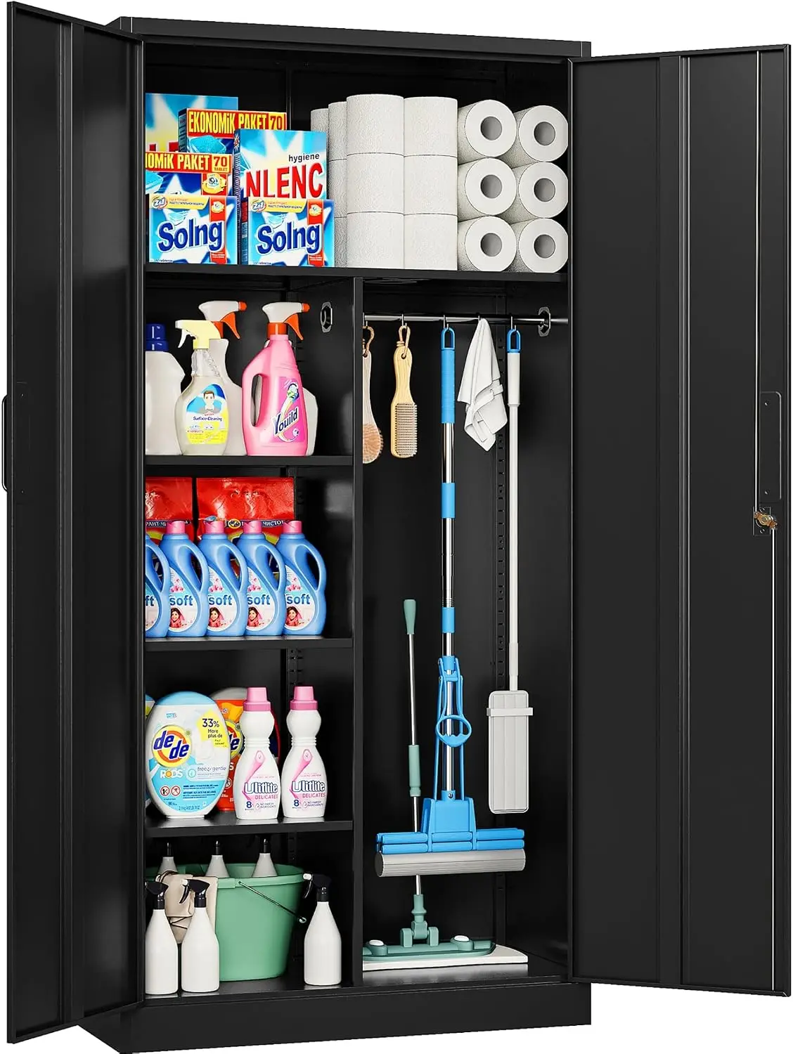 Tall Metal Storage Cabinet Organizer, Locking Wardrobe Cupboard With Clothes Hanging Rod And Adjustable Shelves, Steel Broom Tool Locker For Garage Home Office, Modern Black Furniture