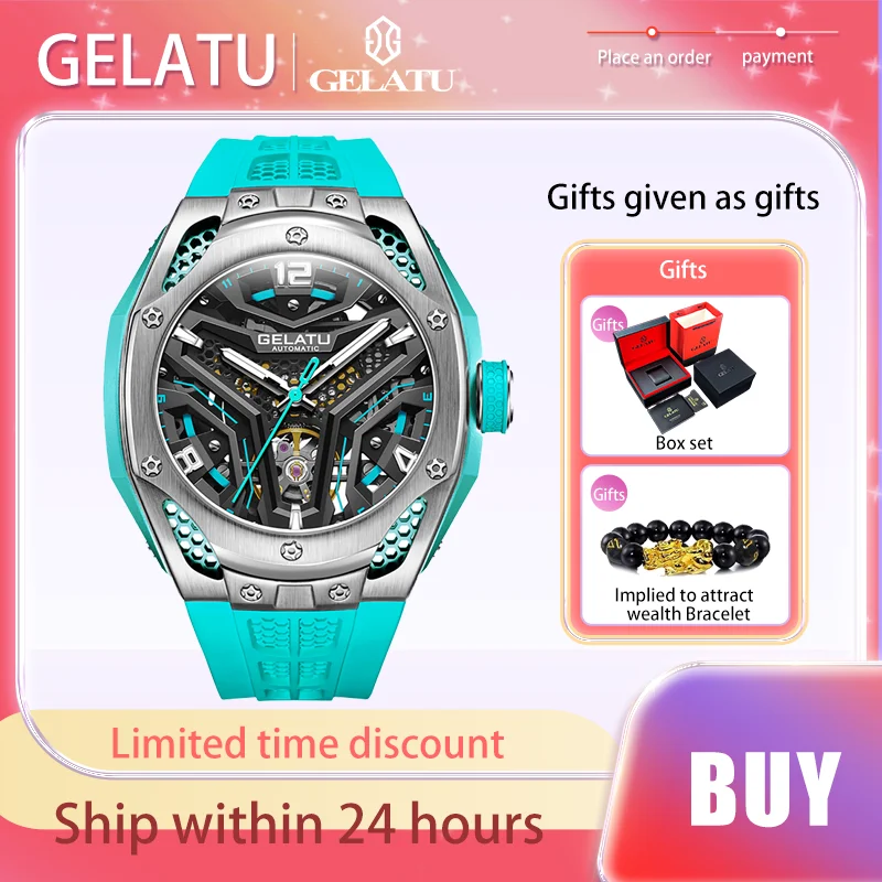 

GELATU Original Luxury Brand Trend Men's Watches Waterproof Automatic Mechanical Watch Personality Male Wristwatch Silicon Tape