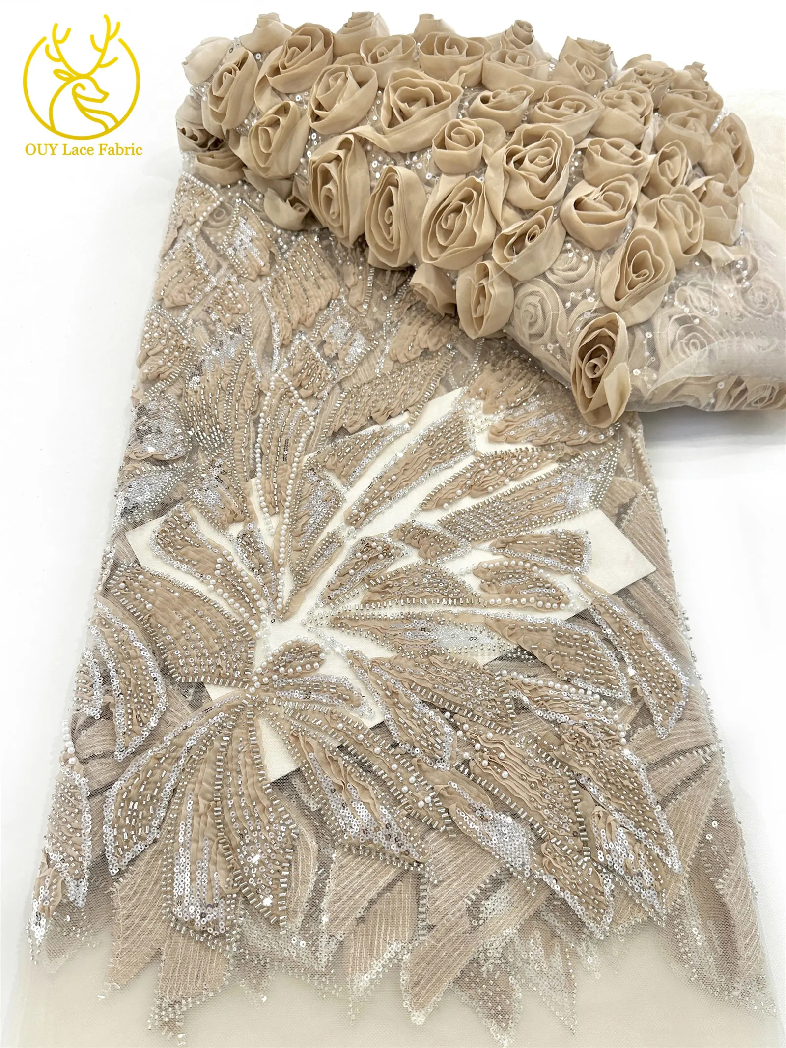 Rosa 3D Mode-Mesh-Tüll-Spitzenstoff 2026 Nigerianischer Perlen-Pailletten-Spitzenstoff für Damen Hochzeits- und Abendkleider zum Nähen 5 Yards – Detail 25