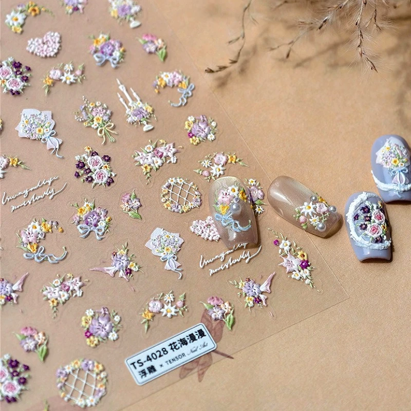 

Colored Flowers Bouquet Butterfly Rose Bowknot Candlestick 5D Reliefs Self Adhesive Nail Art Stickers Retro 3D Manicure Decals