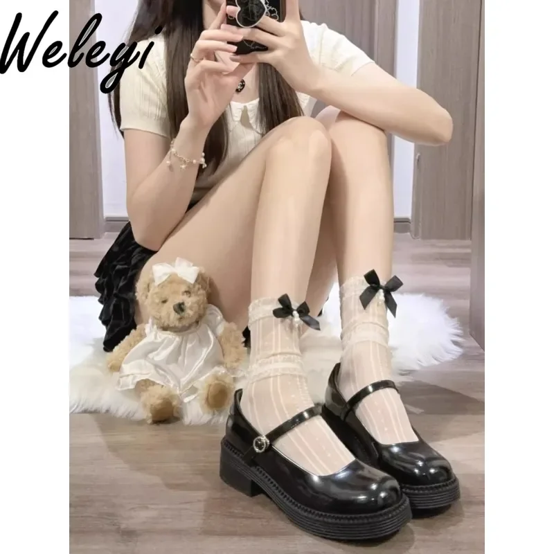 

Jirai Kei Lolita Kawaii Womens Calf Socks Cute Sailor Moon Pearl Bow Lace Socks Ballet Style Milk White Short Tube Funny Sock