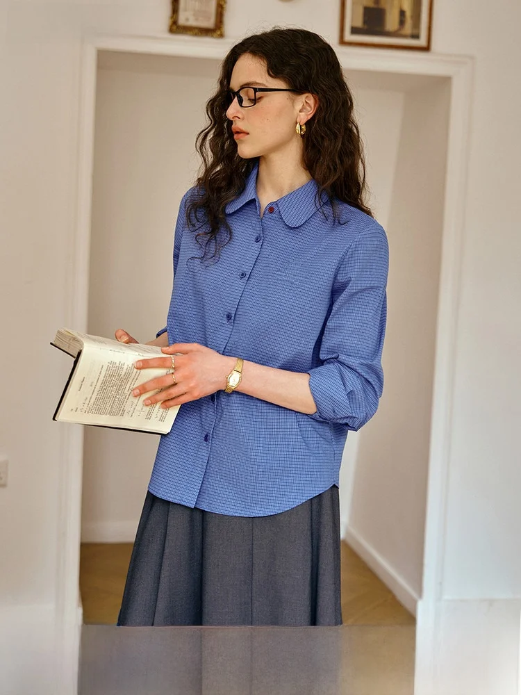 

OLrain 2025 Women's Blue Plaid Loose Design Sense irt Commute Sle Cotton Pure Long Sve Button up Casual Top