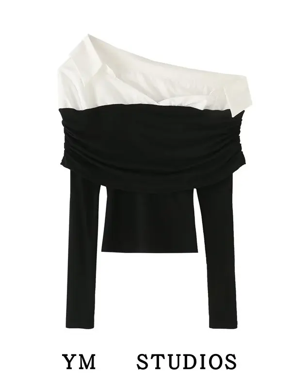 

Color Blo Асимметричная футболка с длинным светом Женская футболка Date Bot irt Sexy Sle Трикотажная однотонная длина