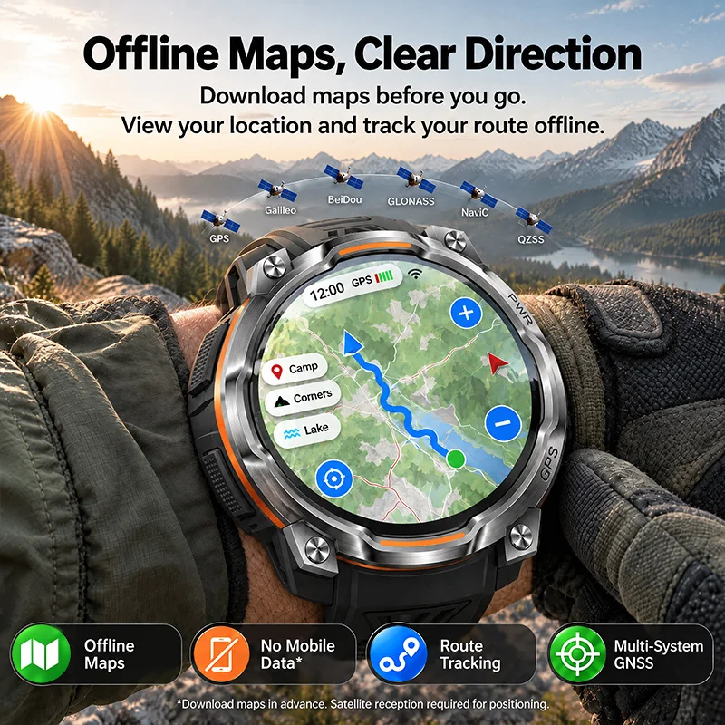 T-RX5 Smart Watch Men Dual Band GPS Offline Map 10ATM Waterproof 1200mAh Battery Compass Outdoor Sports Hike Run Swim Smartwatch
