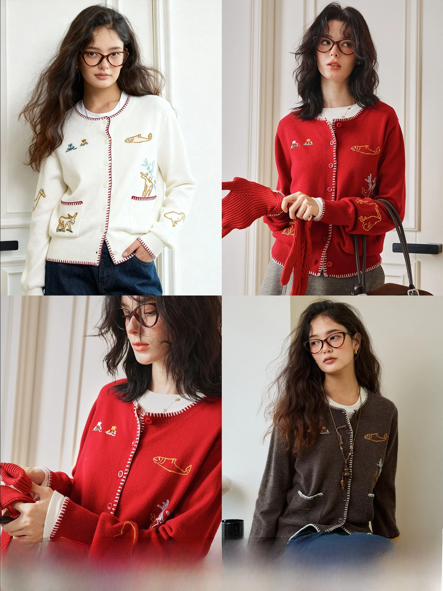 

High Quali Full Wool Knitted Cardigan ell Embroidery Color Blo Casual Sle Women's Sweater Pumpkin Valley Fsy Park