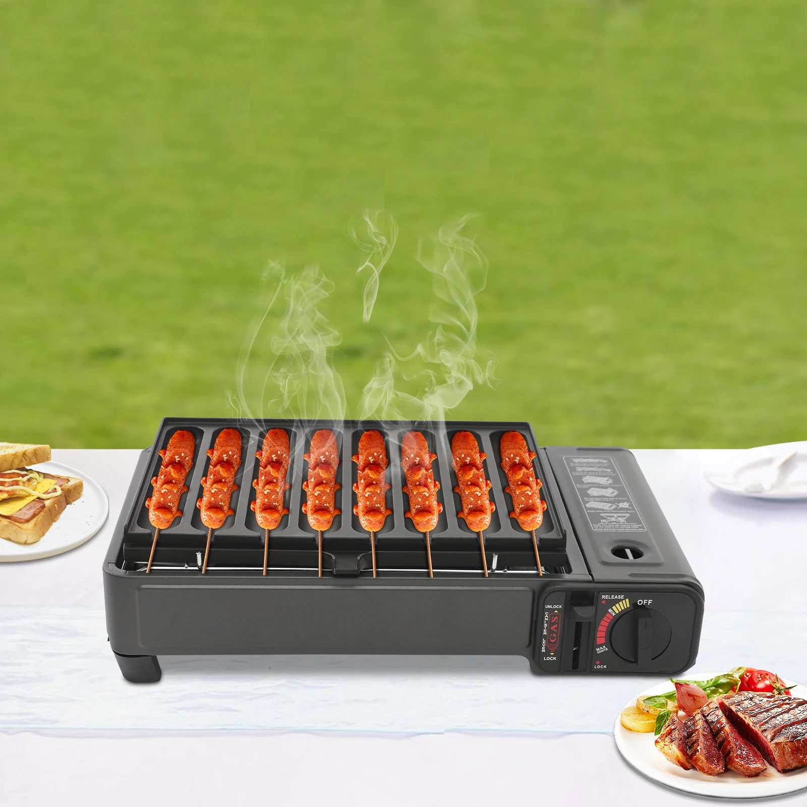 

Gas Grill Stove with Sausage Grill Plate Plastic Box Portable Camping Butane Stove Adjustable Flame for Outdoor Picnic BBQ