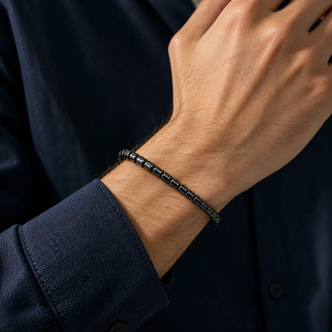 Magnetic Hematite Beaded Bracelet for Men Women Polished Black Cylinder Beads Minimalist Daily Wear Fashion Jewelry Gift